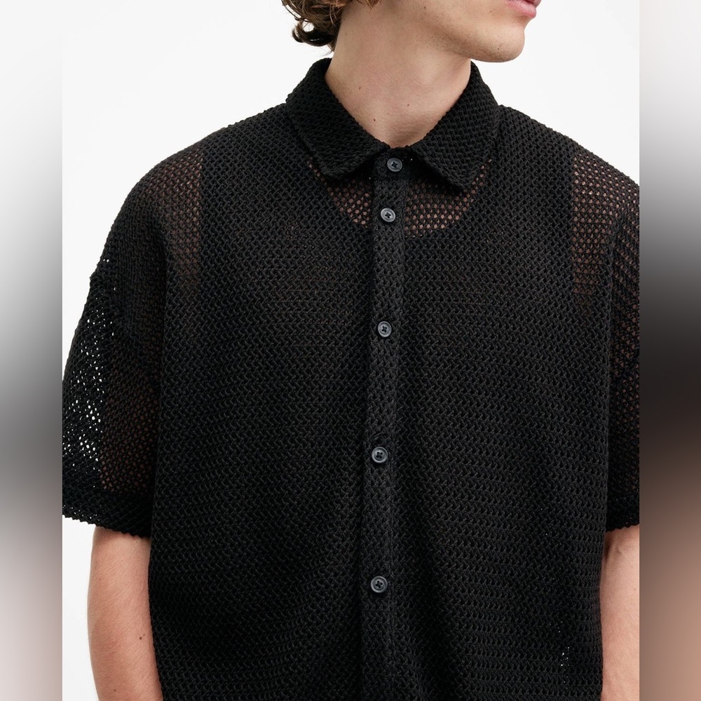Vintage Black mesh Casual Button Down Shirt Relaxed Fit